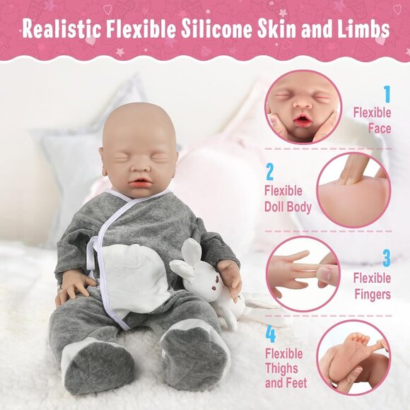 🆕17 inch Full Body Platinum Silicone Bald Baby Dolls Sleeping Closed Mouth Boy - Picture 9 of 10